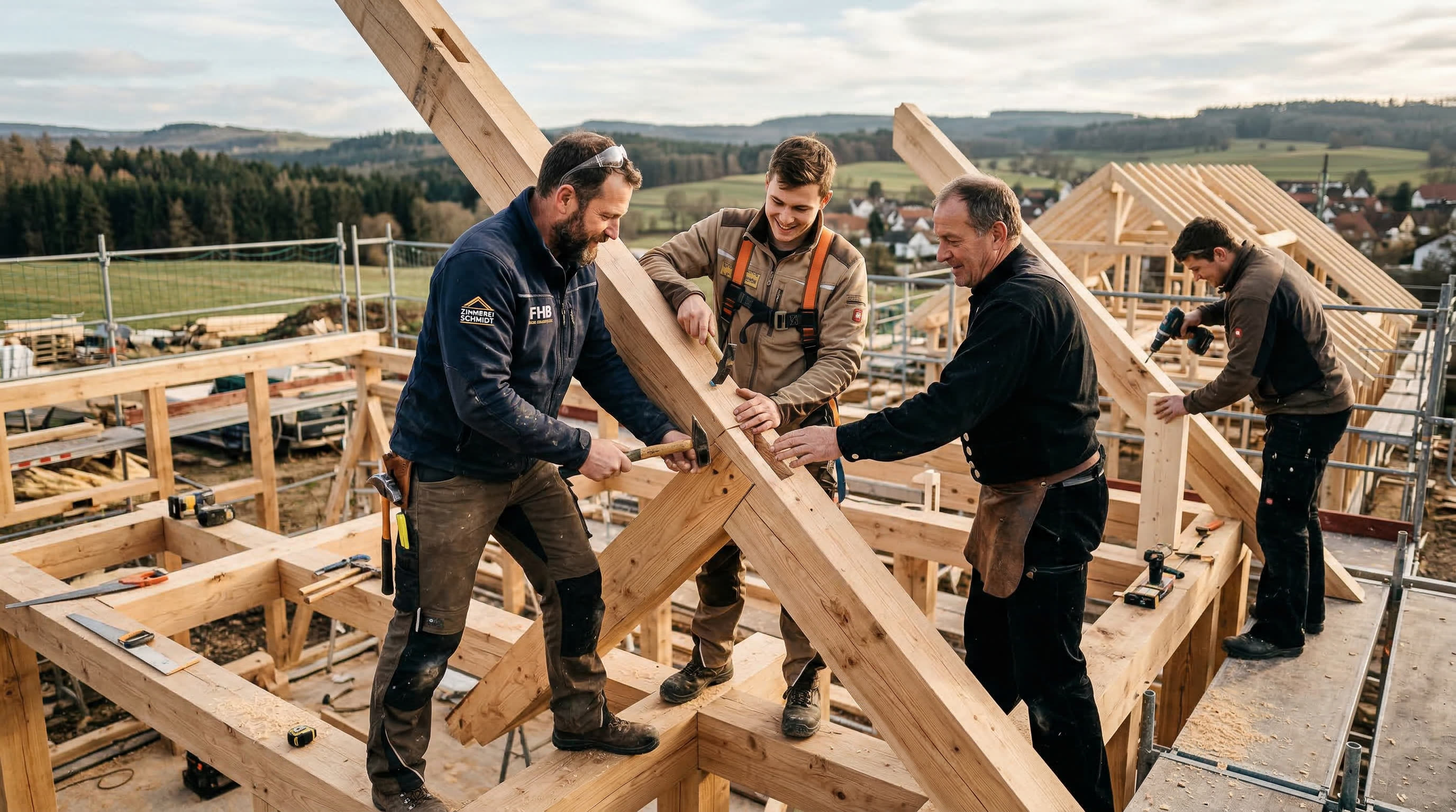 Team der Zimmerei von Fragstein bei der Arbeit